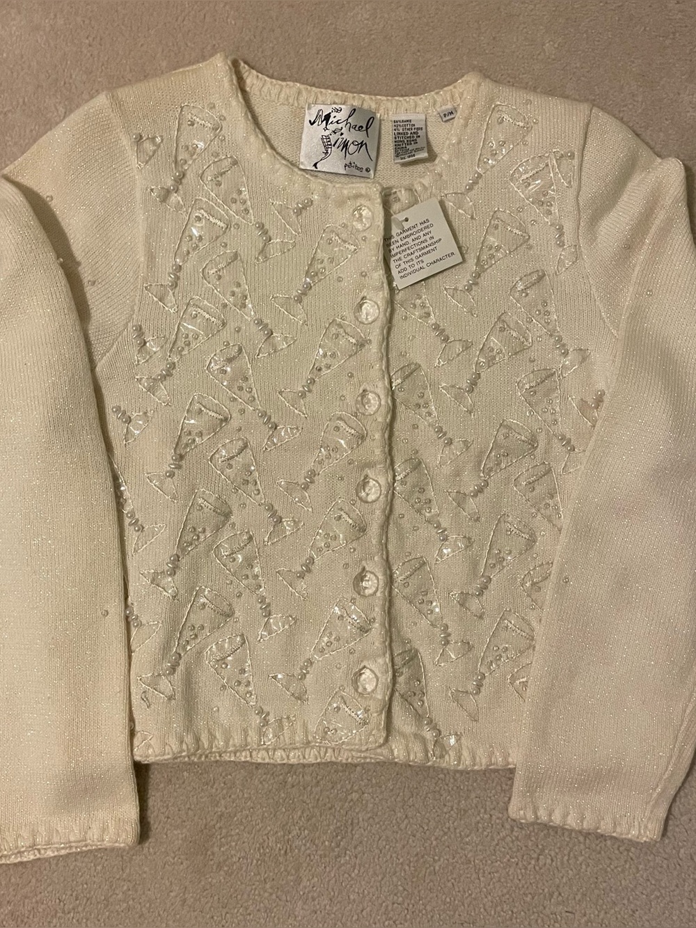 Michael Simon Petite medium Beaded Champagne Glass Cardigan Sweater NWT